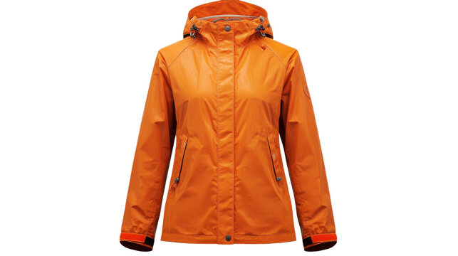 Orange rain jacket with hood isolated on transparent background