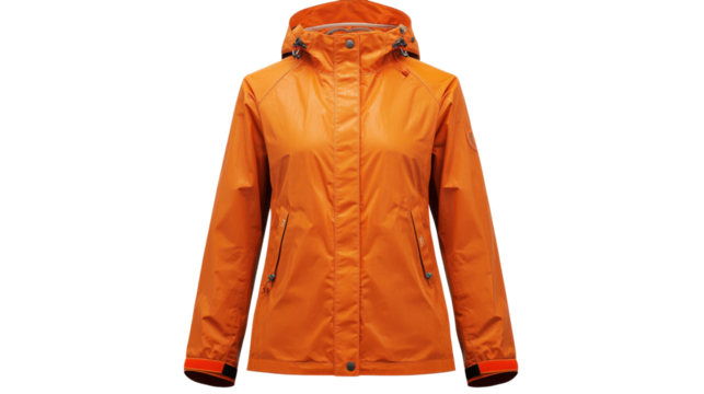 Orange rain jacket with hood isolated on transparent background