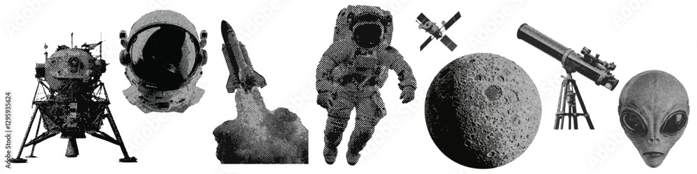 Poster set of outer space halftone grunge vector design elements