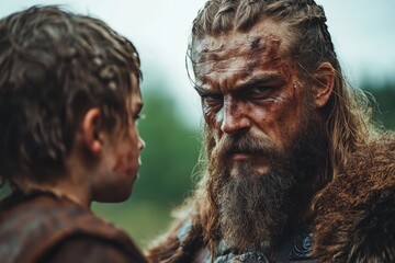 Intense moment between a warrior and a young boy in a rugged outdoor setting during a dramatic scene