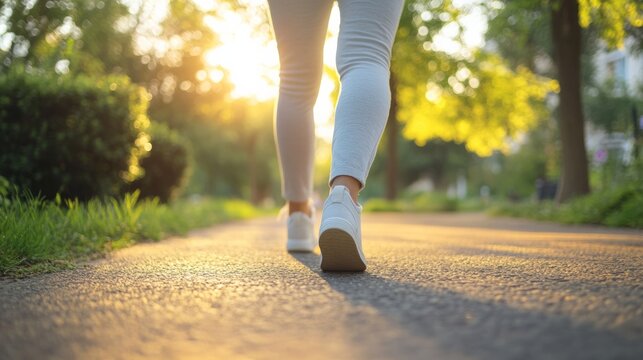 A rare illness patient walking slowly in a quiet park. Featuring recovery and mindfulness