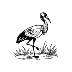 Black and White Heron Bird Silhouette with Grass – Vector Illustration