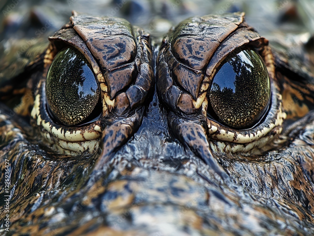 Poster close-up of crocodile eyes reflecting surroundings with sharp textures and unique patterns of scales