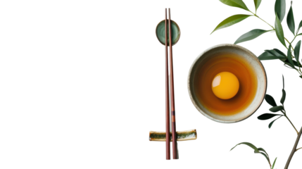 Egg yolk in bowl with chopsticks and green leaves on transparent background