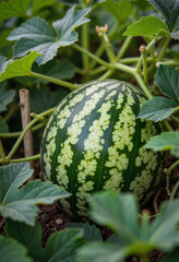 Ripe watermelon nestled among green leaves, nature's bounty