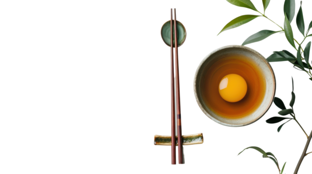 Egg yolk in bowl with chopsticks and green leaves on transparent background