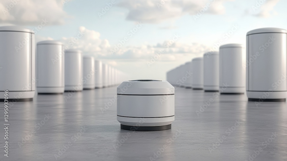 Aufkleber peak energy demand concept. futuristic robots in a row on a sleek surface under cloudy sky.