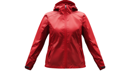 Red waterproof jacket with hood isolated on transparent background