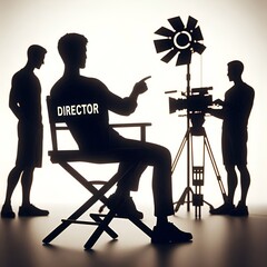 A film director seated in a chair labeled  director  points while two crew members operate a camera and lighting equipment