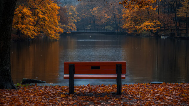 A bench by the lake in autumnal atmosphere: Scene featuring seasonal foliage and a bridge crossing placid waters.