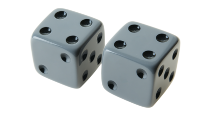 Two gray dice showing opposite sides on transparent background