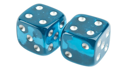 Two translucent blue dice showing three and four on transparent background