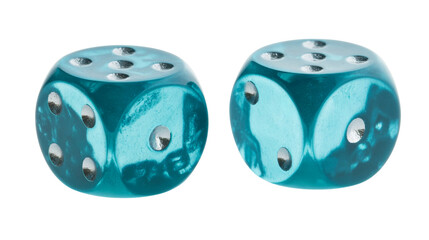 Two teal dice showing opposite sides on transparent background