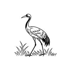 Black and White Heron Bird Silhouette with Grass – Vector Illustration