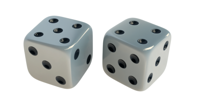Two white dice showing four and five on transparent background