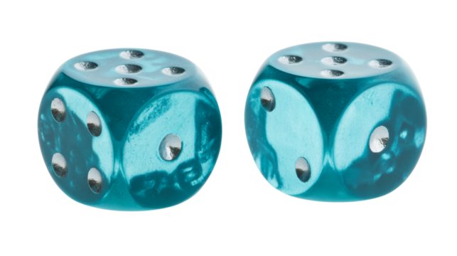 Two teal dice showing opposite sides on transparent background