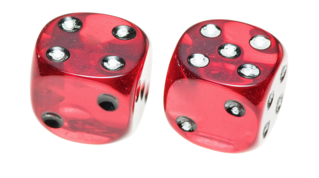Two red dice showing three and four on transparent background