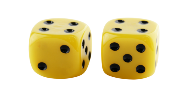 Two yellow dice showing four and five on transparent background