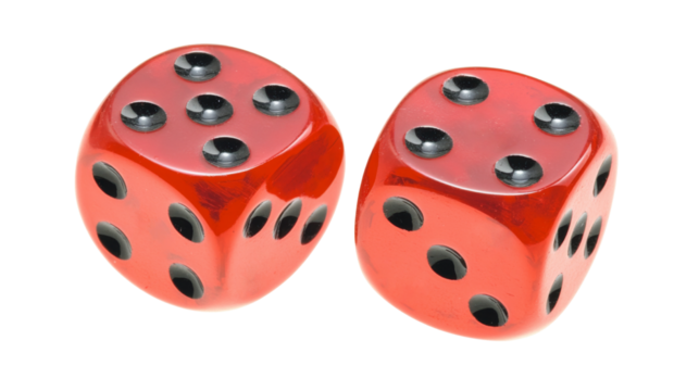 Two red dice showing ten on transparent background