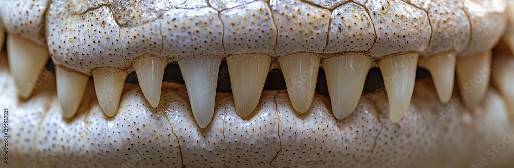 Poster close-up of crocodile mouth with sharp teeth showcasing detailed texture and natural patterns in rep