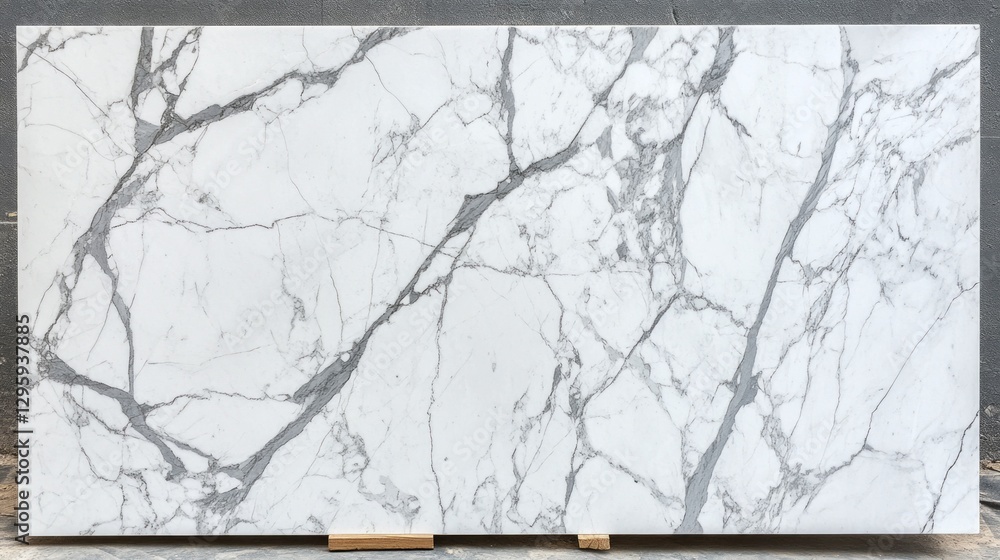 Poster a sleek white marble slab rests against a textured gray backdrop, its striking gray veins creating a
