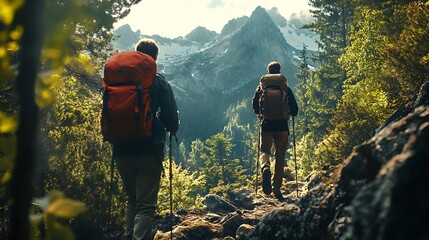 Group enjoying misty forest trail with peaceful sunrise view high resolution picture