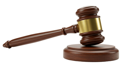 Isolated Wooden Judge's Gavel with Brass Detail on Sounding Block