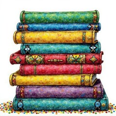 Colorful stack of hand-drawn books with patterns and textures, reading, unique, tower