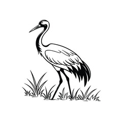 Black and White Heron Bird Silhouette with Grass – Vector Illustration