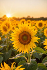 Obraz premium Vibrant sunflower basking in golden hour glow, summer abundance
