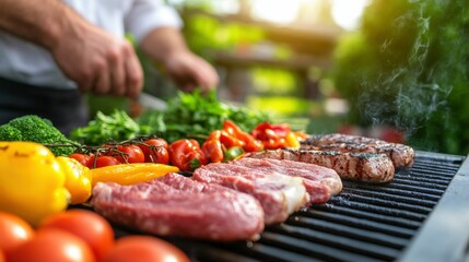 Naklejka premium Summer barbecue with fresh vegetables and grilled meat in a lush garden setting