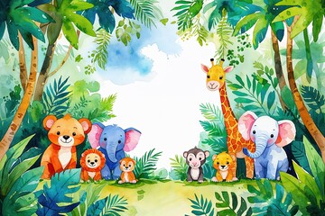 Joyful Watercolor Jungle Safari with Adorable Animals and Lively Border
