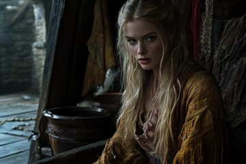 Obraz premium Young woman with long hair in rustic setting, portraying an era of adventure and mystery in a dimly lit cabin