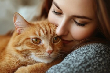 Woman cuddles with her ginger cat indoors on a cozy day, enjoying the warmth of their bond in a relaxed atmosphere