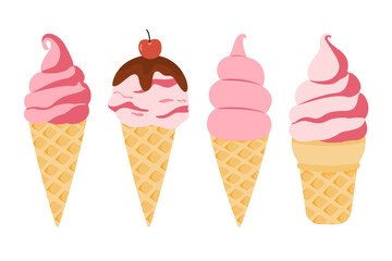 A delightful set of strawberry-flavored ice cream cones in various poses. Perfect for sweet treats, desserts, and summer-themed designs.