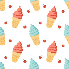A vibrant seamless pattern of ice cream cones with cherries. A fun and colorful design for food and summer-related projects.