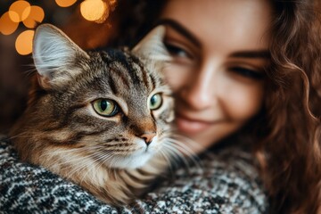 Cat cuddles with a woman wearing a cozy sweater during the holiday season