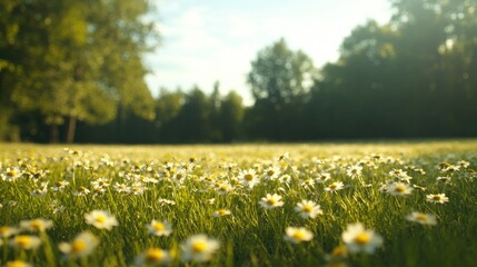 Obraz premium Sunlit meadow filled with daisies swaying gently in soft breeze,
