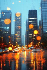 Obraz premium Evening cityscape with rain-kissed window and vibrant bokeh lights for urban design inspiration