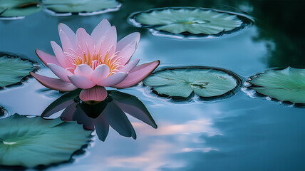 静かな池に映るハスの花と幻想的な空気感