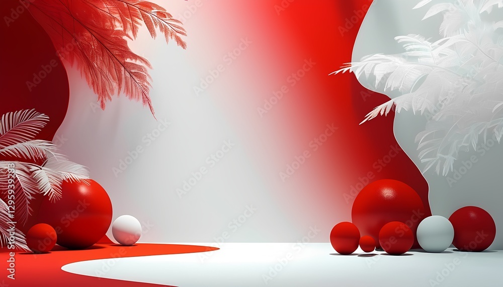 Poster dynamic abstract composition of red and white spheres minimalist studio graphic design modern art en