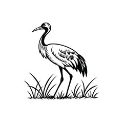 Black and White Heron Bird Silhouette with Grass – Vector Illustration