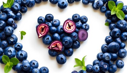 Fototapeta premium Heart-shaped blueberry arrangement for culinary arts kitchen food art natural ingredients top view creative presentation