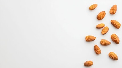 Scattered almonds on white background for healthy eating concepts and food design