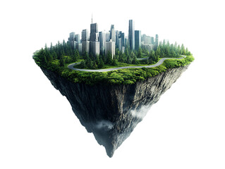 Fototapeta premium Floating Island City With Lush Greenery And Modern Buildings, PNG