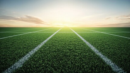 Obraz premium Lush Green Grass Field Under Bright Sunrise Sky with Lines