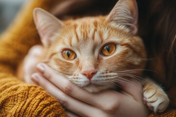 Naklejka premium Orange tabby cat resting in hands of a person wearing a cozy sweater indoors on a relaxed afternoon