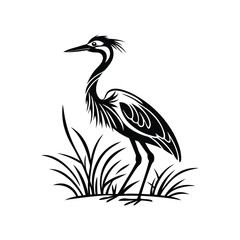 Black and White Heron Bird Silhouette with Grass – Vector Illustration