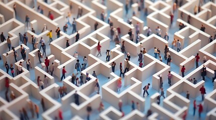 Miniature people navigating a complex white maze structure overhead