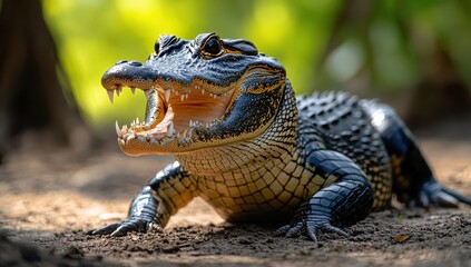 Close-Up of Fierce Alligator in Natural Habitat with Open Mouth and Sharp Teeth Displaying Power and Energy in Lush Green Background